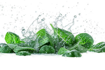 Healthy cut spinach leaves splashing in water isolated on transparent background for a fresh and vibrant look