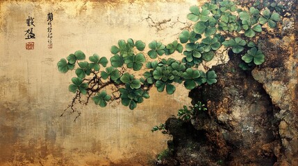 Japanese Ink Painting of Green Foliage on Rock with Gold Leaf Background