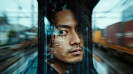 春の風景の中で二重露光効果をかけた日本の鉄道運転士のポートレート