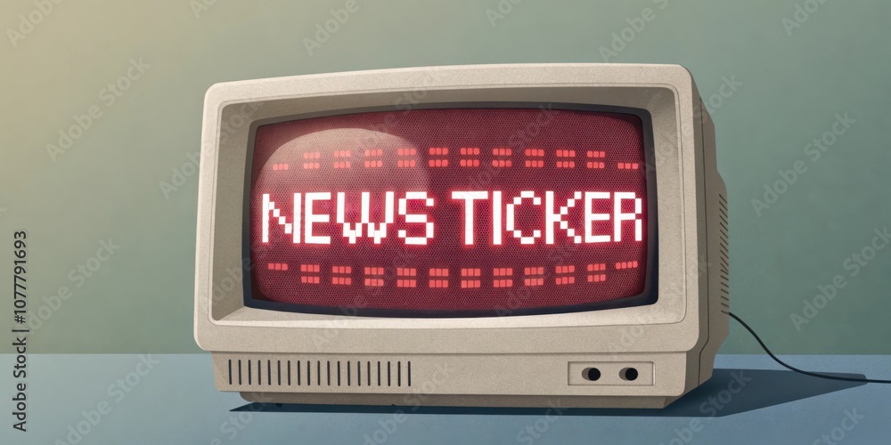 Aufkleber pixelated glow a dusty crt monitor shows a pixelated news ticker in lively red and white colors scro