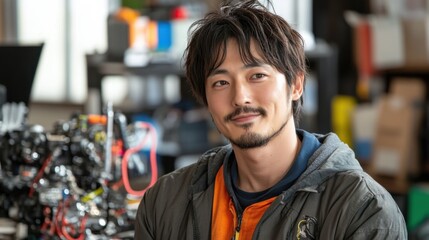 Obraz premium スタジオ照明の下で作業する日本人整備士が精密さと職人技を表現