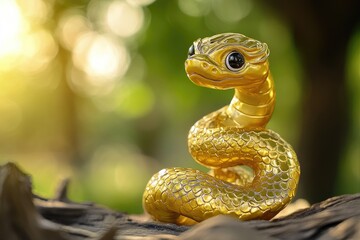 Fototapeta premium Golden Snake Figurine with Large Eyes on a Tree Branch
