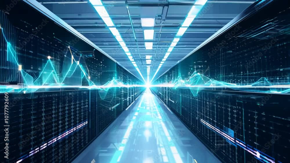 Poster moving through an abstract data center with glowing network grids generative ai