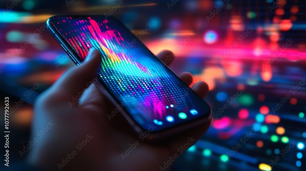 Poster close up of a phone screen displaying an activated voice assistant in a modern professional workspac