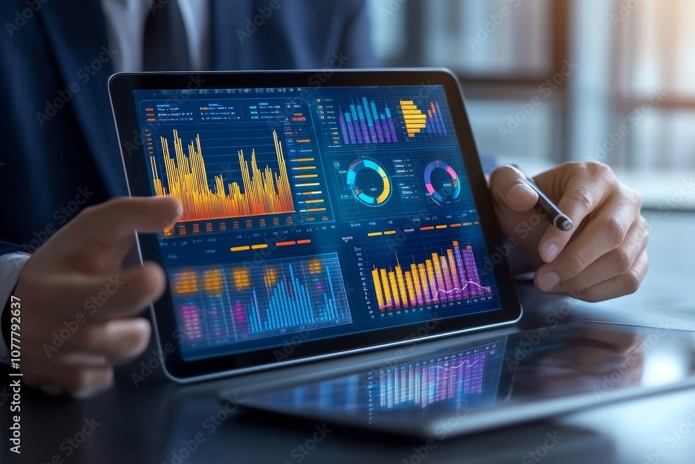 Poster Close-up of a businessman's hand pointing at a tablet screen displaying colorful financial charts and graphs.