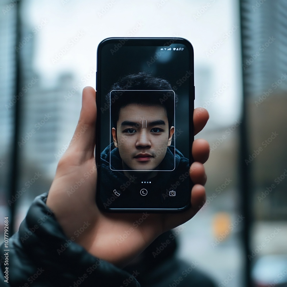 Poster close up of a user s hand holding a smartphone to unlock the device using facial detection and biome