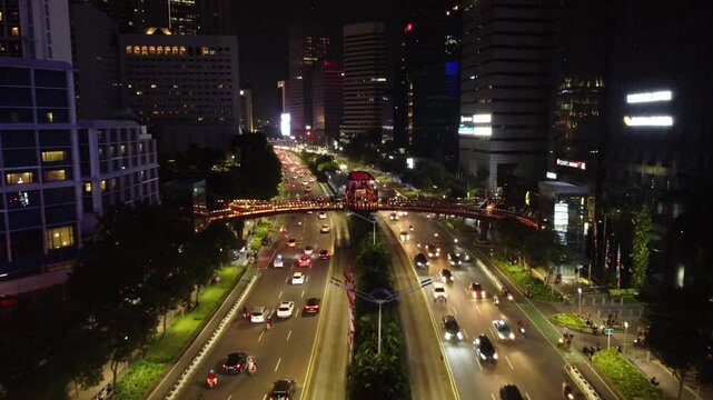 Illuminated Pinisi Pedestrian Bridge over Jalan Sudirman, Jakarta