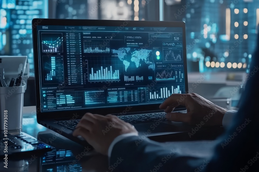 Aufkleber a businessman analyzes data on a laptop with a world map and graphs, sitting in a dark office.
