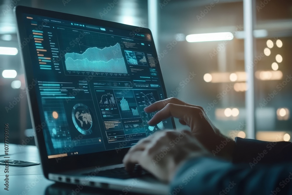 Poster a person's hand is on the trackpad of a laptop, scrolling through charts, graphs, and data on the sc