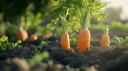 Close-up of fresh carrots growing in soil with green leaves in the garden.