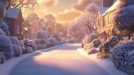 Snow-Covered Houses and a Snowy Road at Sunset