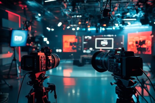 Two professional video cameras on tripods in a studio setting.