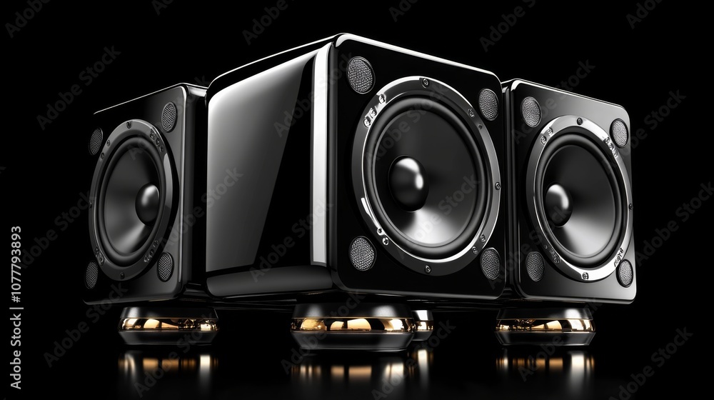Poster sleek black speaker system showcasing modern design and powerful sound technology in a studio settin