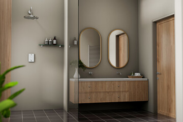 A modern, elegant bathroom features a minimalist wooden cabinet, a rain shower, and decor.