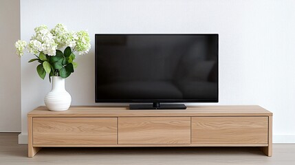 Modern living room with a wooden TV stand, sleek black television, and a decorative vase of flowers, creating a stylish and minimalistic atmosphere.