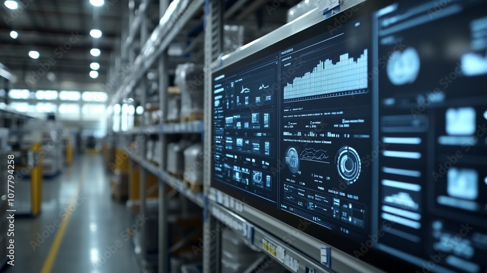 Poster A large monitor displaying graphs and charts in a warehouse.