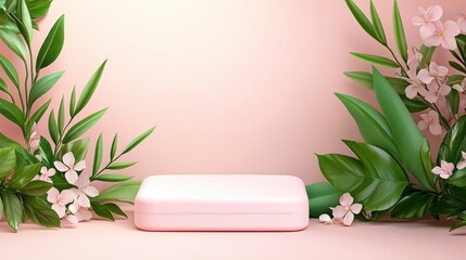 A soft pink background with lush greenery and delicate flowers frames a minimalistic pink box, This serene composition is ideal for beauty, wellness, or product packaging themes,