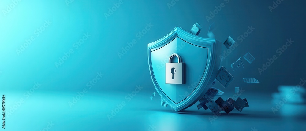 Poster a digital shield with a padlock symbolizes cybersecurity, representing protection and data security 