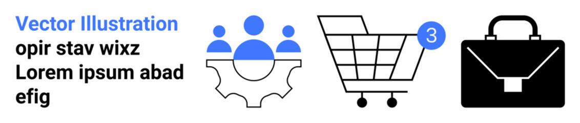 Teamwork symbol on a gear, shopping cart with notification, and leather briefcase. Ideal for online shopping, team collaboration, digital business, project management, e-commerce platforms, retail