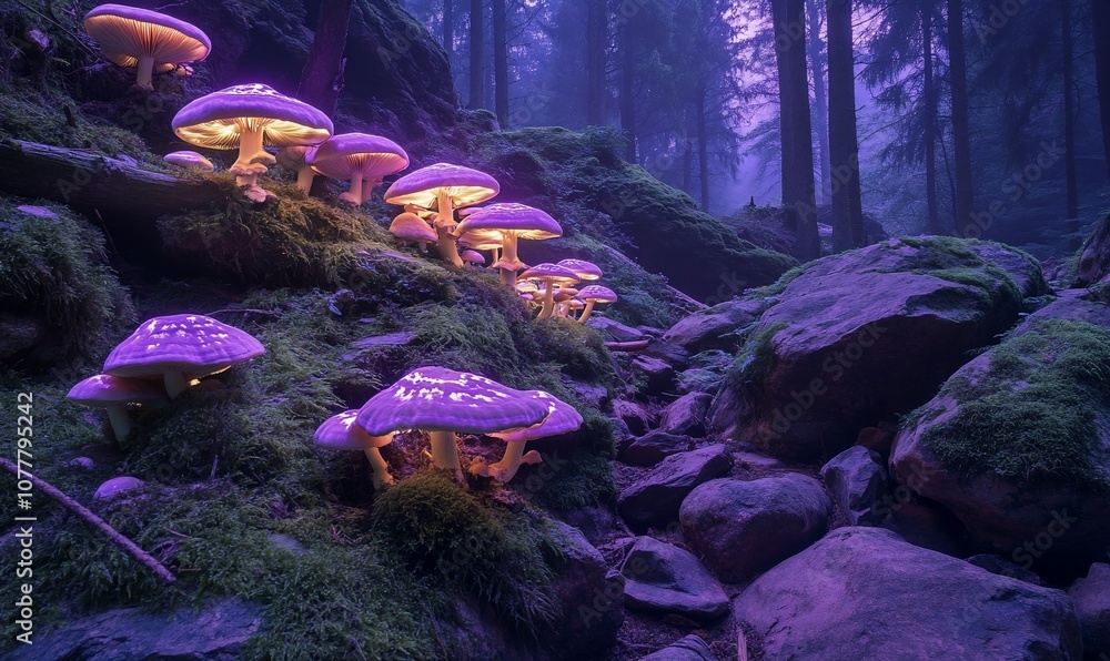 Poster A line of glowing mushrooms illuminated by a warm light on a mossy forest floor in a mystical setting.
