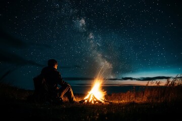 A lone figure sits by a campfire under a starry night sky.