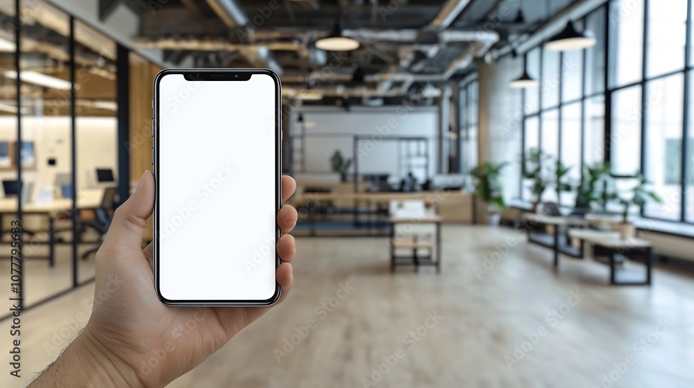 Poster minimalistic hand holding smartphone with blurred office background for sleek elegant and profession