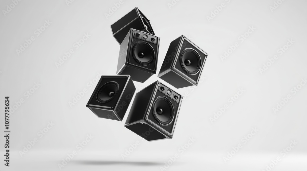 Poster floating black speakers create a modern and dynamic visual effect in a minimalist space