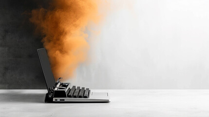 
A split-frame image showing a vintage typewriter on one side and a modern laptop on the other, highlighting the evolution of writing tools over time 