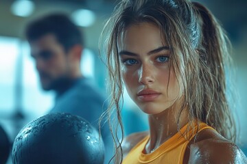 Naklejka premium athletic woman engaged in intense kettlebell training focused and determined with a coach guiding her in a bright health club showcasing dedication to fitness