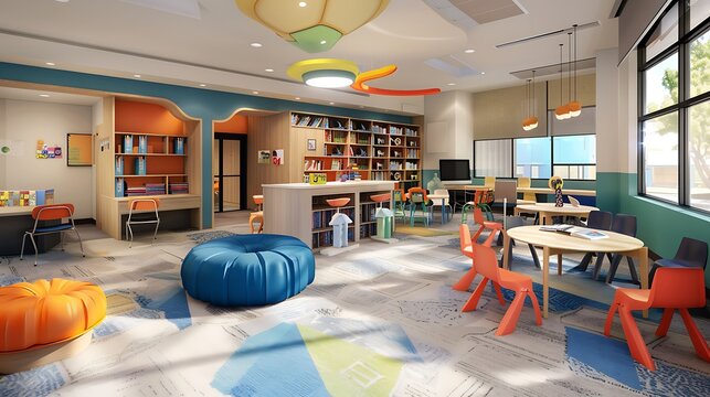 A classroom with flexible learning zones, including a reading nook, creative arts area, and collaborative workspace.