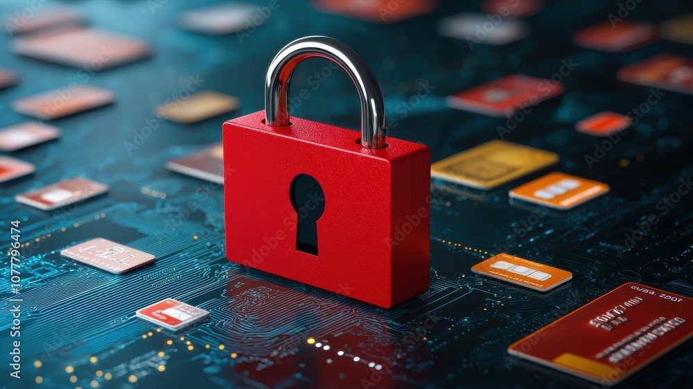 Poster a red padlock is centered on a digital background featuring credit cards, symbolizing online securit