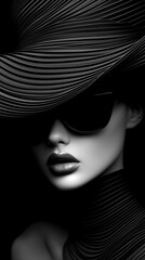 A woman wearing a black hat and sunglasses. The hat is black and has a black ribbon