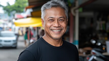 明るい都会の雰囲気の中で、温かさとポジティブさを捉えたフレンドリーな笑顔のアジア人男性