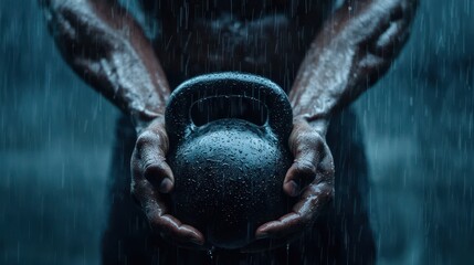Fototapeta premium A close-up of strong hands holding a kettlebell amidst cascading rain, emphasizing strength and determination.