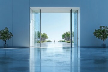 Obraz premium automatic metal doors opening seamlessly against a clean white background symbolizing modern design and accessibility in architecture