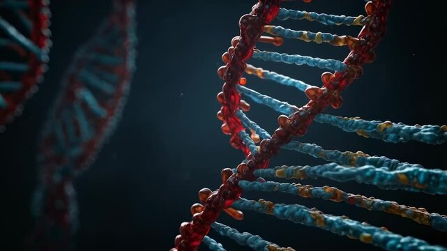 Close-up of a 3D model representing the double helix structure of DNA. This intricate model reveals the complex genetic code that governs life.