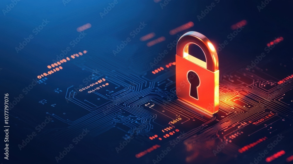 Poster a glowing lock icon stands on a digital circuit background, symbolizing cybersecurity and data prote