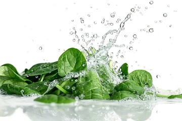Fresh cut spinach leaves in water splash isolated on transparent background showcasing health and natural greens