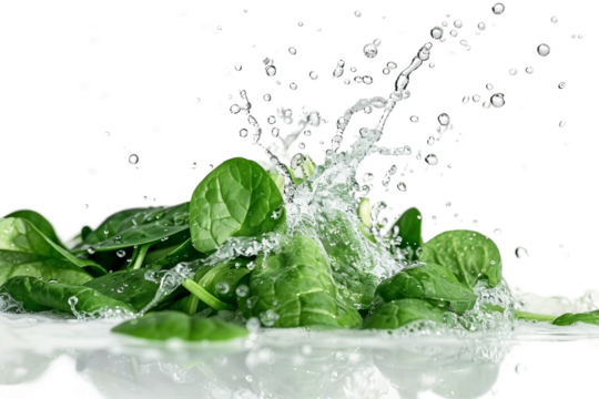 Fresh cut spinach leaves in water splash isolated on transparent background showcasing health and natural greens