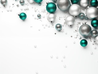 Modern Christmas background with teal and silver decoration on white backdrop. Space for text
