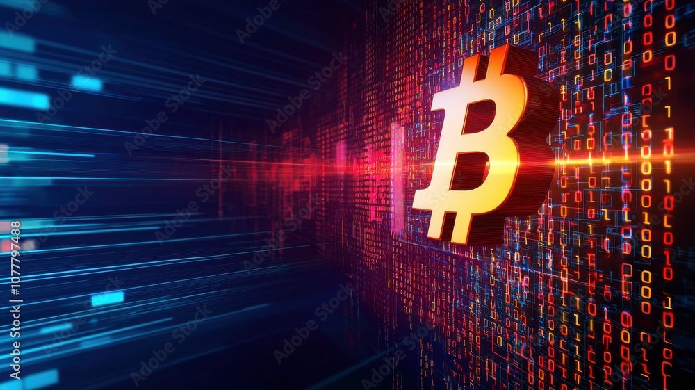 Poster a vibrant digital representation of bitcoin, showcasing the cryptocurrency symbol amidst a backdrop 