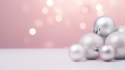 Silver balls on a pastel background. minimalism and modern Christmas background. space for text
