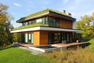 Modern Wooden Home with Green Roof and Pool