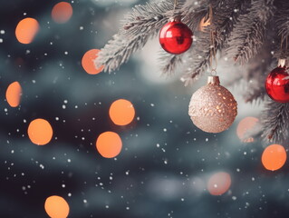 Close-up of Christmas ornaments hanging on a snow. Soft focuse background