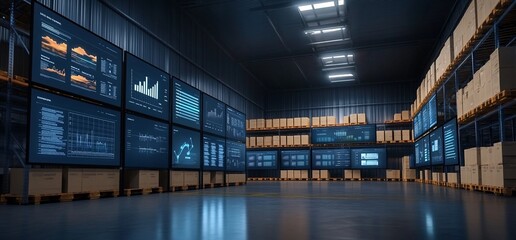 A modern warehouse with rows of large digital screens displaying data and analytics. The warehouse is filled with boxes stacked on shelves.