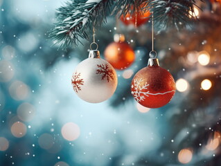 Close-up of Christmas ornaments hanging on a snow. Soft focuse background