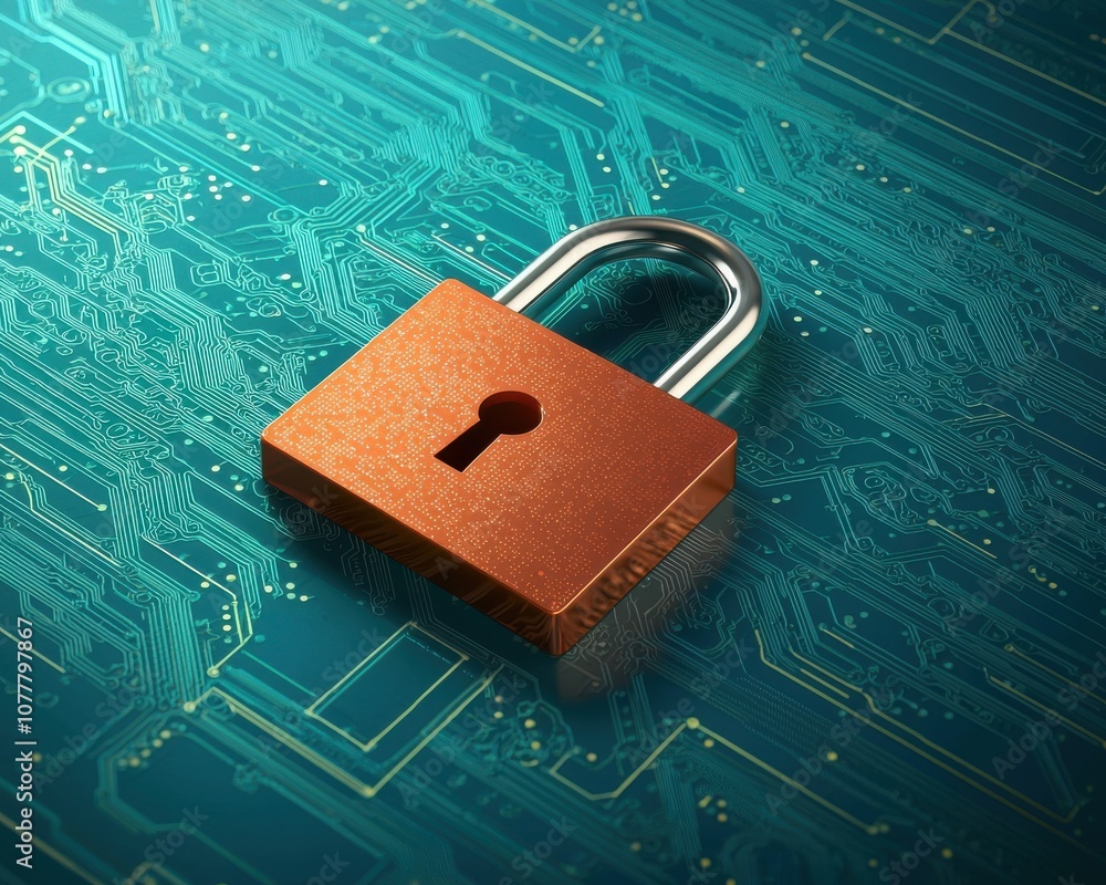 Poster a digital lock sits on a circuit board, symbolizing cybersecurity and the protection of data in a hi