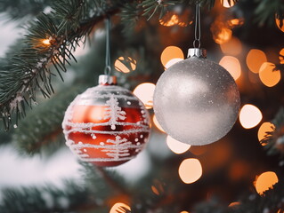 Close-up of Christmas ornaments hanging on a snow. Soft focuse background