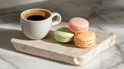 フランスの国民的マカロンの日、石の表面にコーヒーを置いたミニマリストのフラットレイ