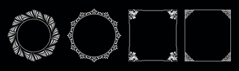 Set of decorative frames Elegant vector element for design in Eastern style, place for text. Floral black and white borders. Lace illustration for invitations and greeting cards.